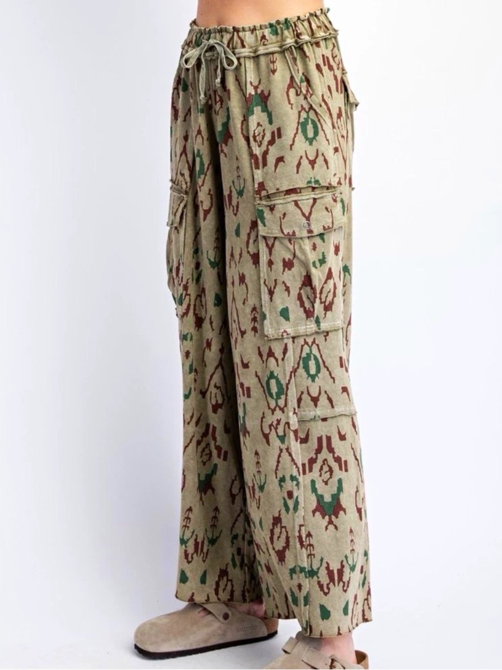 🌿 Easel Los Angeles Ikat Print Wide Leg Cargo Pants 100% Cotton NWT S